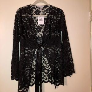 Cabi Black Lace top with satin tie Size Medium